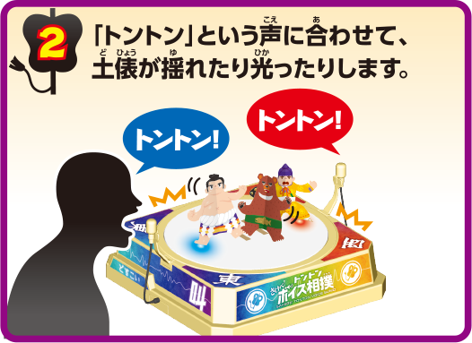 「トントン」という声に合わせて、土俵が揺れたり光ったりします。